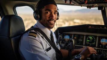 ai generiert lächelnd gut aussehend Pilot im Flugzeug Kabine foto