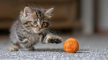 ai generiert Kätzchen spielen mit Ball von Garn foto