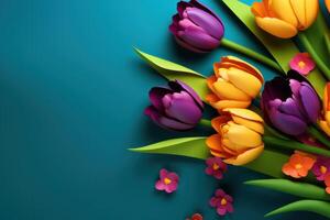 ai generiert Frühling Blumen- Hintergrund mit Kopieren Raum foto