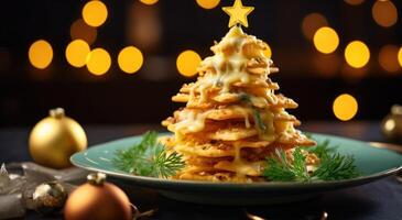 ai generiert klein Weihnachten Baum Käse knackig Vorspeisen auf ein hölzern foto