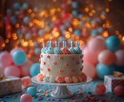 ai generiert Geburtstag Kuchen mit zündete Kerzen auf Tabelle foto