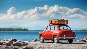 ai generiert retro rot Auto mit Koffer auf Es, Strand Hintergrund foto