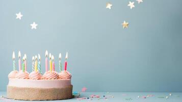 ai generiert Geburtstag Urlaub Hintergrund, Kuchen mit Kerzen und Kopieren Raum foto