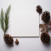 ai generiert Weihnachten Kiefer Zapfen mit leer Weiß Karte foto