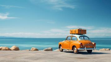 ai generiert retro Orange Auto mit Koffer auf Es, Strand Hintergrund foto