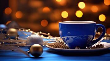 ai generiert auf das Tabelle Lügen ein Blau Kaffee Tasse, begleitet durch ein Weihnachten Ornament foto