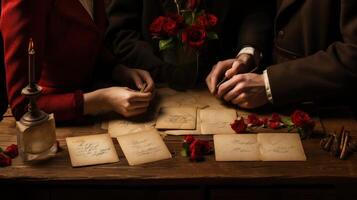 ai generiert Liebe Briefe ein Szene von zwei Hände halten altmodisch foto