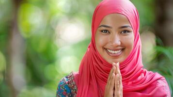 ai generiert asiatisch Muslim Frau lächelnd, eid Mubarak Feier mit Kopieren Raum auf verschwommen Hintergrund foto