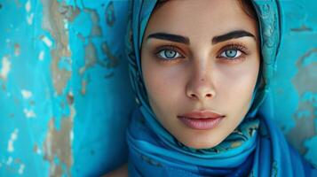 ai generiert heiter Porträt von elegant Hijab tragen Frau im Sanft Pastell- Foto Studio Rahmen