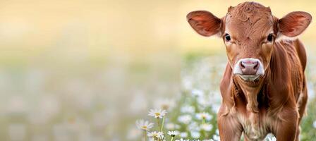 ai generiert jung Kalb im Gänseblümchen Feld auf Bauernhof, heiter Sommer- Tag mit reichlich Raum zum Text Platzierung foto