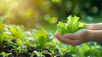 ai generiert frisch Grüner Salat Blätter gehaltenen im Hand, sortiert Grüner Salat Anzeige mit verschwommen Hintergrund zum Text foto