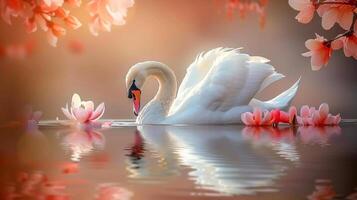 ai generiert schön Schwan gleiten gelassen auf still Landschaft Teich im ein friedlich Bauernhof Rahmen foto