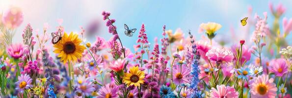 ai generiert beschwingt Blume Felder Landschaft mit Sonnenblumen, Mohn, Gänseblümchen im voll blühen, Bienen, Schmetterlinge. foto