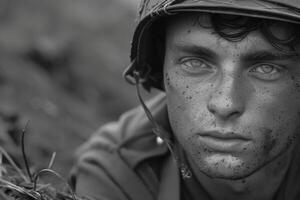 ai generiert ergreifend Kriegszeit Porträt, Opfern und Mut im ein Soldat emotional fotografieren von das zweite großartig Krieg, ein mächtig Darstellung von Mensch Maut und Elastizität inmitten Kampf zum Freiheit foto