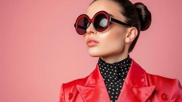 ai generiert retro Frau im Sonnenbrille surreal 60er Jahre 70er Jahre Disko Verein Mode mit Pop Kunst Hintergrund foto