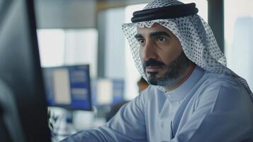ai generiert konzentriert Fachmann, ernst und reifen arabisch Geschäftsmann strategisieren im seine Büro, nutzen Technologie zum Geschäft Exzellenz foto