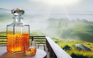 Whiskey oder Brandy in einer durchsichtigen Flasche mit Spiraldesign und einem durchsichtigen Glas auf Baumrinde oder Baumrinde. Landschaft mit Kiefern- und Berglandschaft am Morgen. die Sonne geht auf. 3D-Rendering foto