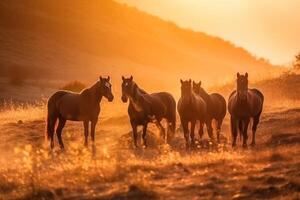 ai generiert ein Herde von Pferde auf ein golden Feld beim Sonnenuntergang, im ein Wolke von Staub im ein warm Licht. foto