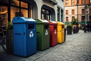 ai generiert bunt Müll Büchsen gefüttert das Kopfsteinpflaster Straße Markieren umweltfreundlich Praktiken Methoden Ausübungen im ein städtisch Einstellung. foto