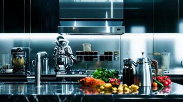 ai generiert ein glatt, modern Küche Innere mit hochwertig Haushaltsgeräte und frisch Gemüse auf das Schalter, mit ein Chrom Fertig und reflektierend Oberflächen. foto