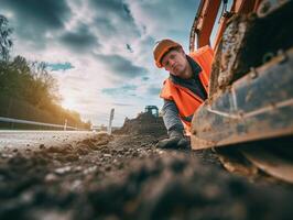 ai generiert jung Konstruktion Arbeiter Arbeiten auf Straße und aussehen zurück foto