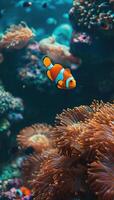 ai generiert ein unter Wasser Szene zeigen ein Fisch in der Nähe von Koralle foto