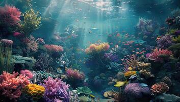 ai generiert ein unter Wasser Szene zeigen ein Fisch in der Nähe von Koralle foto
