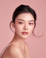 ai generiert Foto von ein asiatisch weiblich Modell- auf Rosa Hintergrund