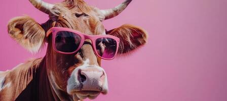 ai generiert spielerisch Kuh mit stilvoll Sonnenbrille posieren im ein beschwingt Pastell- farbig Studio Umgebung foto