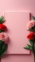 ai generiert Rahmen von Blumen, Rosa Hintergrund foto