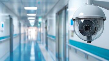 ai generiert cctv geschlossen Schaltkreis Kamera, Fernseher Überwachung beim Krankenhaus Klinik Gebäude Konstruktion, Sicherheit System Konzept. foto