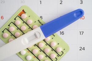 Schwangerschaft Prüfung und Geburt Steuerung Tabletten auf Kalender, Empfängnisverhütung Gesundheit und Medizin. foto
