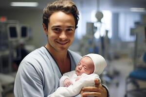 ai generiert glücklich Mann mit Neugeborene auf ein Mutterschaft Krankenhaus Hintergrund foto