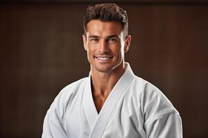 ai generiert glücklich Karate Mann im Ausbildung im Fitnessstudio foto