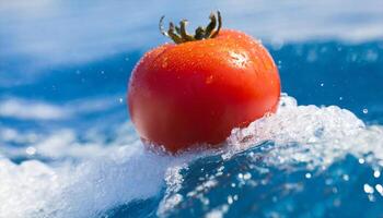 ai generiert ein Tomate ist schwebend auf oben von ein Welle foto