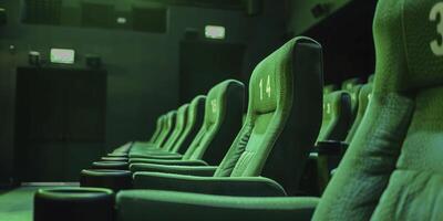 ai generiert komfortabel Grün Kino Sitze mit nummeriert Reihen foto