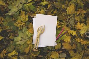 Weiß Papier mit Bleistift und Dummy zum Zeichnung auf das Herbst Blätter. Hintergrund mit Kopieren Raum. foto