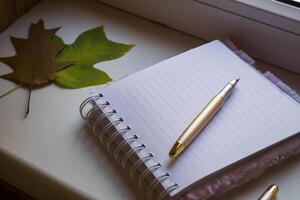 geöffnet Notizbuch und Stift auf Weiß Tisch, schließen hoch. foto