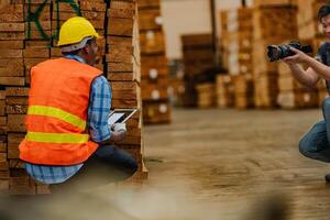 afrikanisch Arbeiter Zimmermann tragen Sicherheit Uniform und schwer Hut Arbeiten und Überprüfung das Qualität von hölzern Produkte beim Werkstatt Herstellung. Mann und Frau Arbeitskräfte Holz im dunkel Warenhaus Industrie. foto