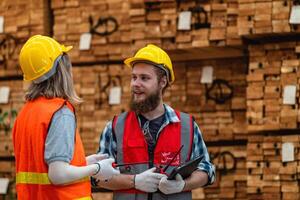 Arbeitskräfte Zimmermann tragen Sicherheit Uniform und schwer Hut Arbeiten und Überprüfung das Qualität von hölzern Produkte beim Werkstatt Herstellung. Mann und Frau Arbeitskräfte Holz im dunkel Warenhaus Industrie. foto