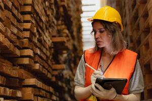 Frau Arbeiter Zimmermann tragen Sicherheit Uniform und schwer Hut Arbeiten und Überprüfung das Qualität von hölzern Produkte beim Werkstatt Herstellung. Mann und Frau Arbeitskräfte Holz im dunkel Warenhaus Industrie. foto