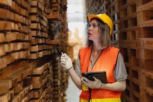 Frau Arbeiter Zimmermann tragen Sicherheit Uniform und schwer Hut Arbeiten und Überprüfung das Qualität von hölzern Produkte beim Werkstatt Herstellung. Mann und Frau Arbeitskräfte Holz im dunkel Warenhaus Industrie. foto