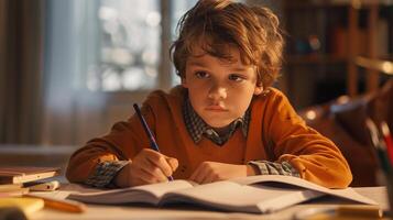 ai generiert konzentriert Schreiben, Nahansicht Schuss von das Junge wie er konzentriert auf Schreiben im seine Buch, umgeben durch Stifte, Bleistifte, und Papiere auf das Tisch, generativ ai foto