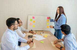 ein Frau Stehen Nächster zu ein Gruppe von Menschen um ein Whiteboard foto