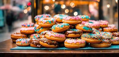 ai generiert Vielfalt von bunt Donuts mit Sträusel auf Blau Hintergrund. ai generativ foto