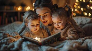 ai generiert Frau lesen Buch zu zwei Kinder foto