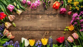 ai generiert bunt Tulpen auf hölzern Hintergrund, Blume Rahmen mit Kopieren Raum foto