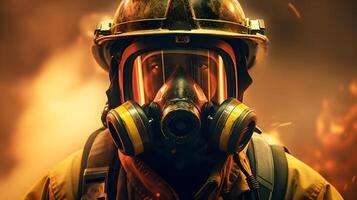 ai generiert ein Feuerwehrmann tragen ein Gas Maske und Helm foto