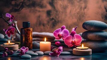 ai generiert Spa Rahmen mit Kerzen und Orchidee Blumen foto