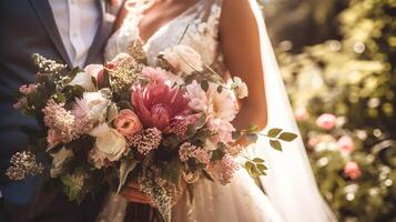 ai generiert Hochzeit Strauß im das Garten foto